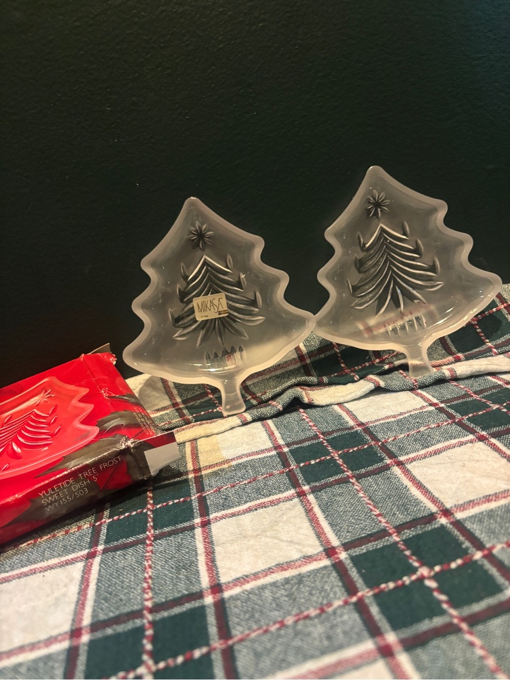 2pc Mikasa Frosted Glass Christmas Tree Holiday Dishes- Frosted White